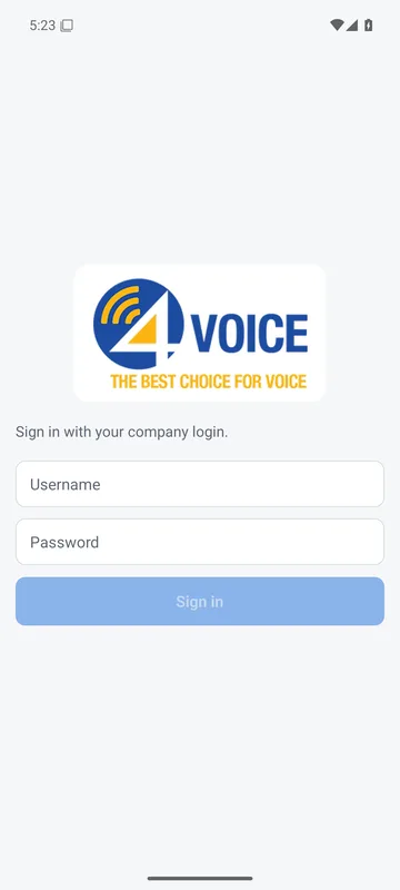 The 4voice app sign-in: the 4voice logo, Sign in with your company login, username and password fields and a Sign in button