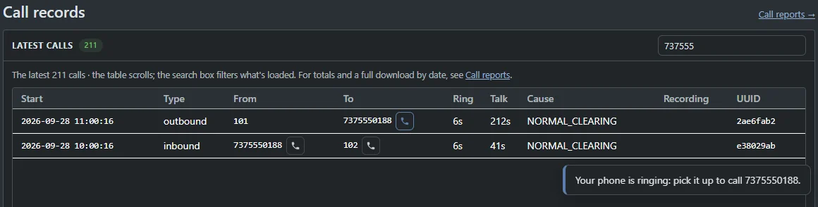 The call records table with a small phone button beside each number, and a message in the corner: your phone is ringing, pick it up to call the number.