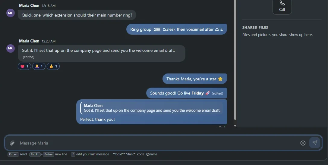 Team chat thread with quoted replies, reactions and a message box