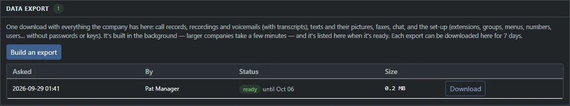 The Data export card: Build an export, and a list with who asked, the status ready until a date, the size and a Download button.