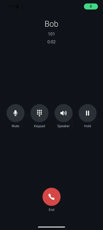 The same call in progress, with Mute, Keypad, Speaker, Hold and End.