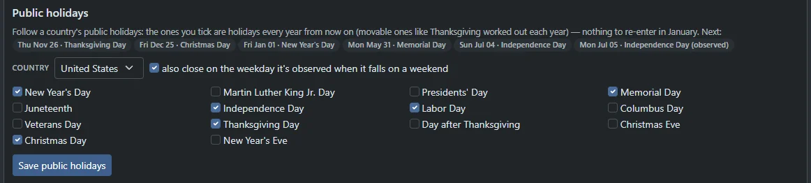 Public holidays for the United States: the next five holidays as chips, an option to close on the weekday a holiday is observed, and a grid of checkboxes from New Year's Day to New Year's Eve