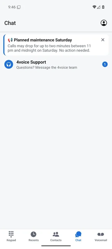 The Chat tab of the 4voice app: an announcement card and the pinned 4voice Support conversation