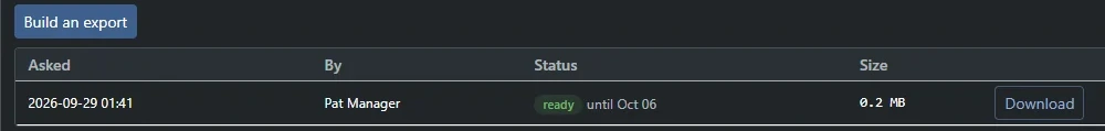 The Data export panel: a Build an export button and a ready export with its date, status, size and a Download button.