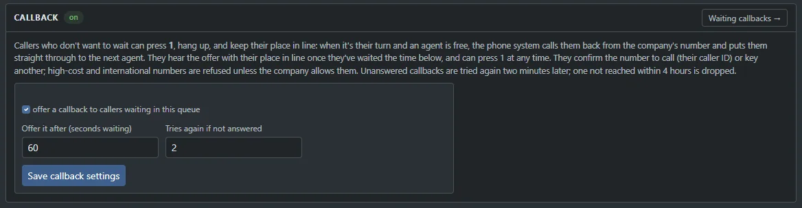 Callback settings for a queue: offer a callback to callers waiting, the number of seconds before it is offered, and how many times to try again
