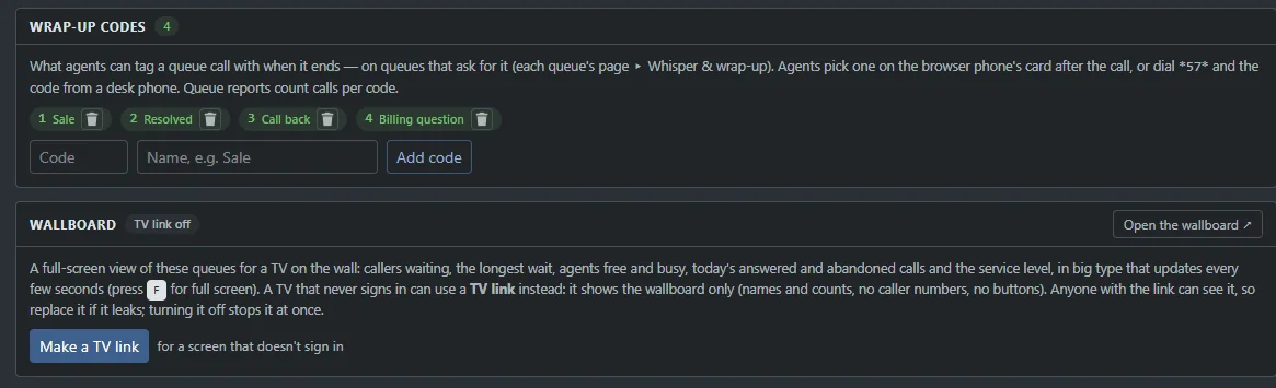 The Queues page: wrap-up codes with their names, and a Make a TV link button for a screen that does not sign in