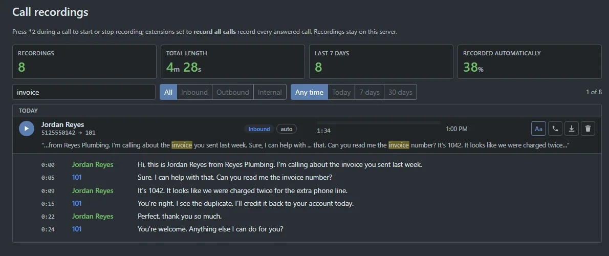 The Call recordings page with the word invoice searched: the matching recording shows the two highlighted mentions in a snippet, and the open transcript lists each line with its time and who said it.