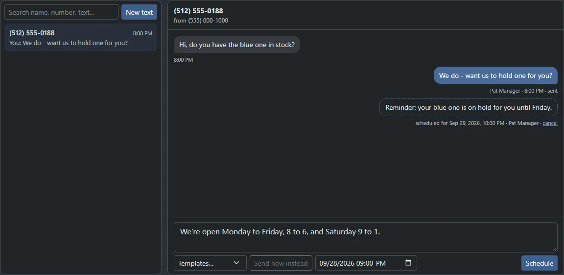 A text thread with a scheduled reply shown as a dashed bubble, the schedule date and a cancel link, and a box with Templates and Schedule controls.