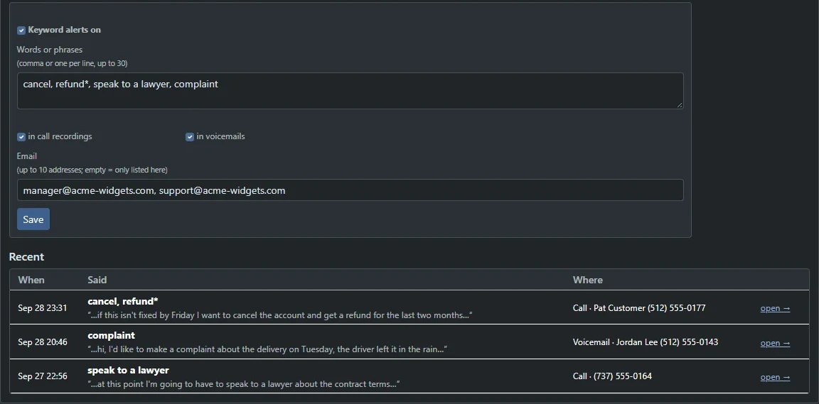 The keyword alerts page: alerts switched on, a watched-words box listing cancel, refund, speak to a lawyer and complaint, and a Recent table with the call and voicemail transcripts that matched.